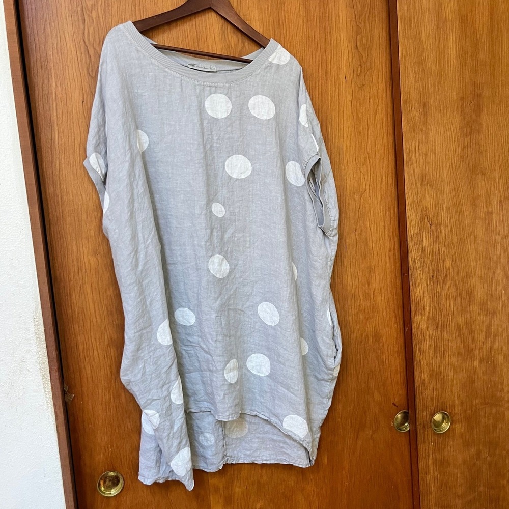 Miss Rose Sister Violet Grey Polka Dot Linen Oversized Tunic Dress with Pockets